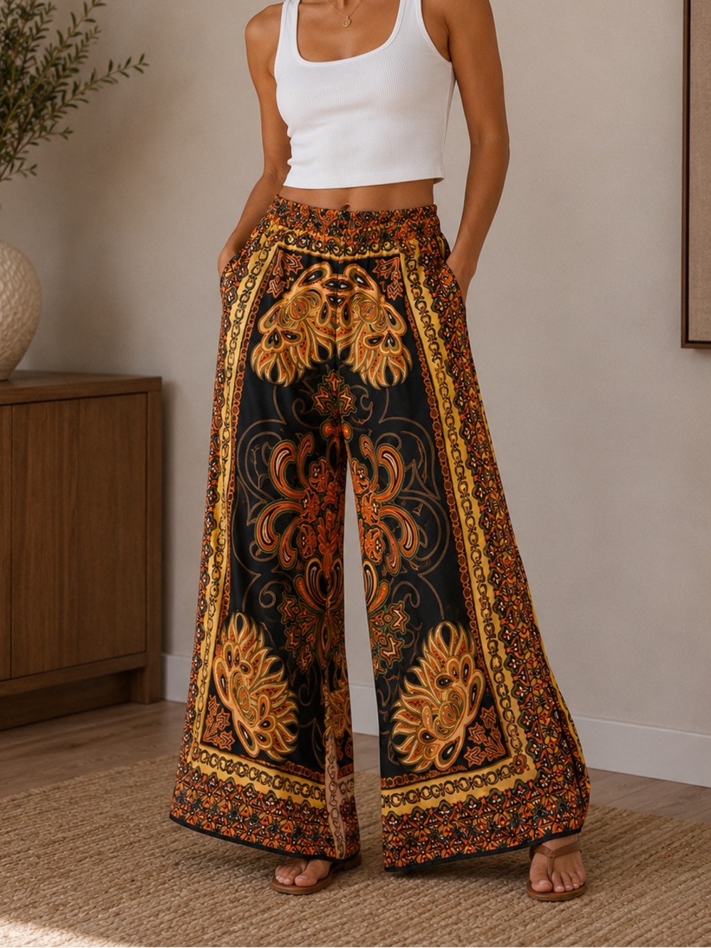 Printed Satin Mini Skirt in Black with Orange & Gold Paisley